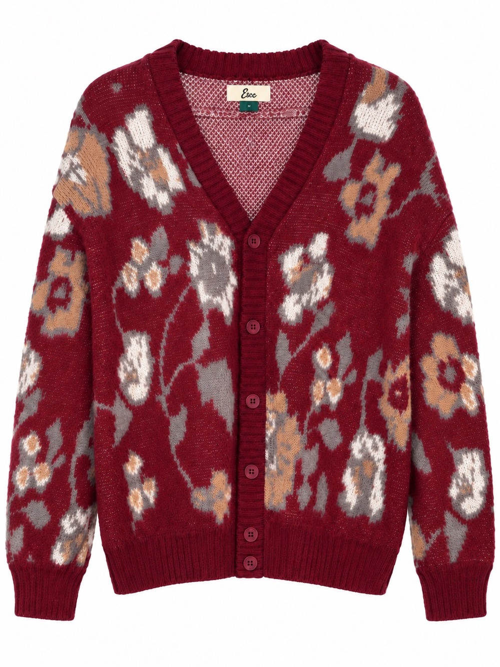 Esc Berry Red Floral Cozy Knit Cardigan Sweater Size Medium